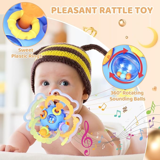 Orzbow Sensory Teething Toys for Babies, Montessori Toys 3-18 Months, Infant Teethers Relief, Silicone Baby Rattle, BPA Free, Blue