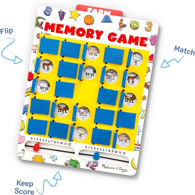 Melissa & Doug Flip-to-Win Portable Wooden Travel Game Board with 25 Flaps & 7 Double-Sided Memory Game Cards—Animals, Colors, Fruits, Shapes & Much More—Preschool Toys for Kids Ages 5+ - Image 3