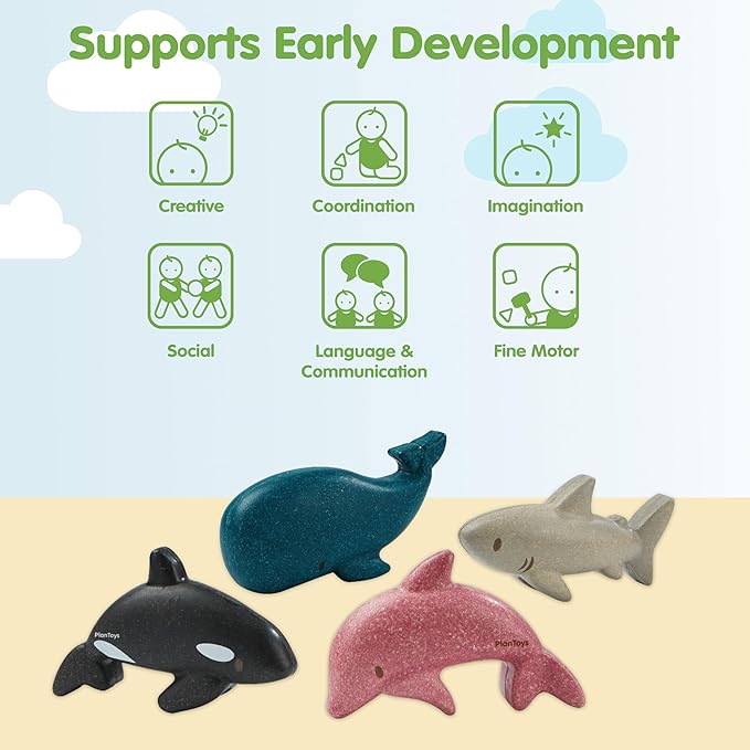 PlanToys Wooden 4 Animal Sea Life Ocean Animal Playset (6129) | Sustainably Made from Rubberwood and Non-Toxic Paints and Dyes | Eco-Friendly PlanWood