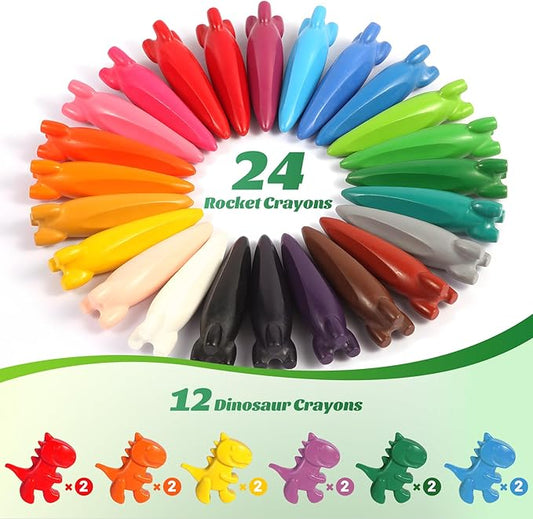 DreamCandy Rocket and Dinosaur-Shaped Crayons,36PCS Non Toxic Washable Toddler Crayons for Kids and Toddlers,Art Supplies Drawing Coloring Crayon Set,Gift for Boys and Girls,Back to School