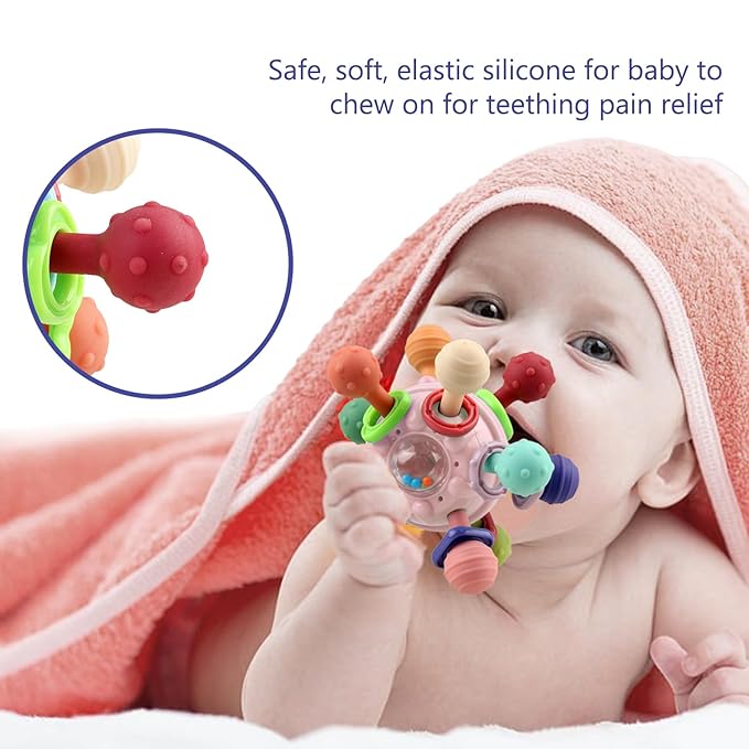 Baby Sensory Montessori Toy - Infant Teething Relief - Teethers for Newborn - Developmental Rattles Chew Toys Gifts for 0 3 6 9 12 18 Months Girl Boy -Toddler Travel Toy for 1 2 One Year Old (Pink)
