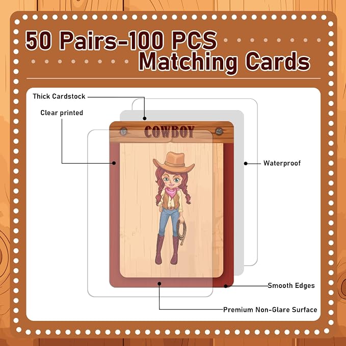 gisgfim 100 PCS Memory Matching Game Cowboy Concentration Memory Card Games for Kids Educational A Fun & Fast Western Party Favor Wild West Theme Matching Games - Image 3