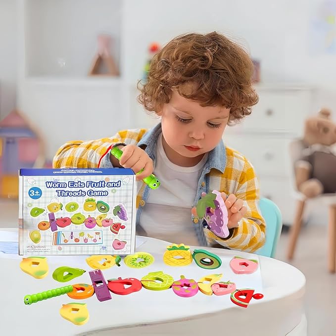 Wooden Greedy Caterpillar Lacing Toy, Montessori Threading & Stringing Toy with 20 Pattern Cards, Fine Motor Skills Educational Travel Gifts for Kids Ages 3+ - Image 7