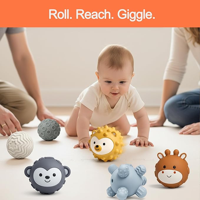 6-Pack Baby Sensory Balls, Textured & Animal Face Toddler Balls, BPA-Free Soft Teething Toys, Montessori Developmental Toys for Babies 6-12 Months, Christmas Gift for Infant