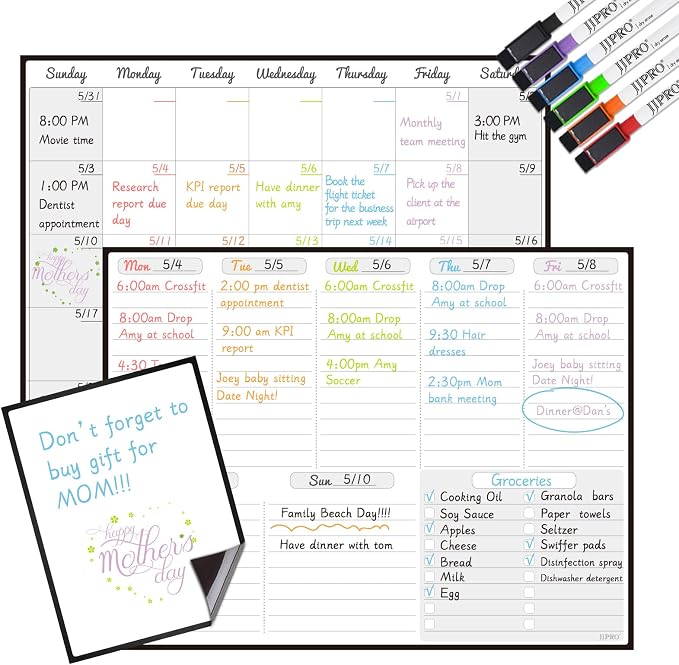 JJPRO Magnetic Dry Erase Monthly Calendar and Weekly Whiteboard for Fridge-Monthly Planner,Weekly Dry Erase Board for Refrigerators,One Bonus Notepad/to Do/Grocery List by JJPRO