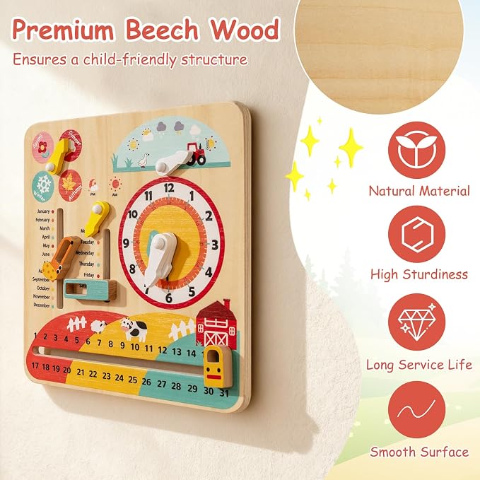 Costzon Montessori Kids Daily Learning Clock Toy, Wooden Educational Learning Clock Toy About Season, Weather, Day, Night, Month, Week & Date, Toddlers Daily Calendar for Preschool Boys Girls Aged 3+ - Image 3