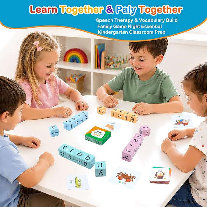 Spelling Games for Kids Ages 3-8, Phonics Matching Game with 54 Flash Cards & 20 Letter Blocks, CVC & Sight Word Building Reading Game, Classroom Must Haves for Preschool & Kindergarten - Image 2