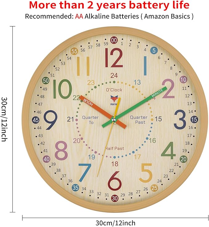 Foxtop Learning Clock for Kids - Telling Time Teaching Clock 12 Inch Silent Non-Ticking Battery Operated Kids Wall Clock for Kids Room Playroom Nursery Classroom School - Image 2