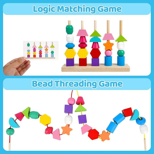 Montessori Toys for 2 3 4 Year Old Kid Boy Girl Toddler, Montessori Wooden Beads Sequencing Toy Set, Lacing Beads & Stacking Block & Matching Shape Stacker, STEM Preschool Learning Toy Birthday Gift