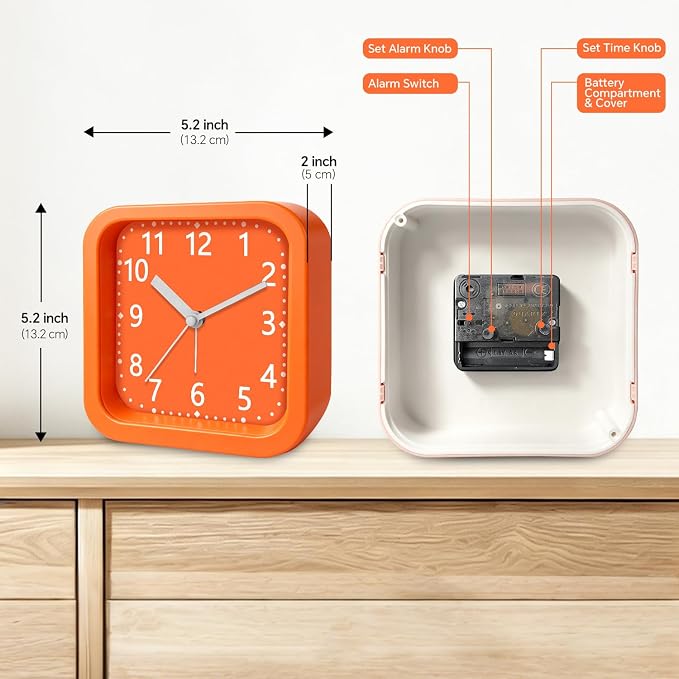 Analog Loud Alarm Clock for Heavy Sleepers, 4.5" Simple Battery Operated Alarm Clock with Modern Round Design, Silent Non-Ticking Small Bedside Clock for Bedroom Teens Seniors, College,Orange - Image 3