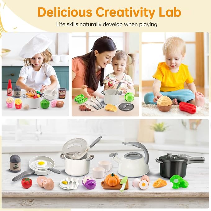 100Pcs Kitchen Playset, Kids Pretend Cooking Play Pots, Pans, Utensils, Cookware, Toy Food Fruits Veggies, with 2 Large Apple - Shaped Storage, Toddler Cooking Learning Gift (White) - Image 7
