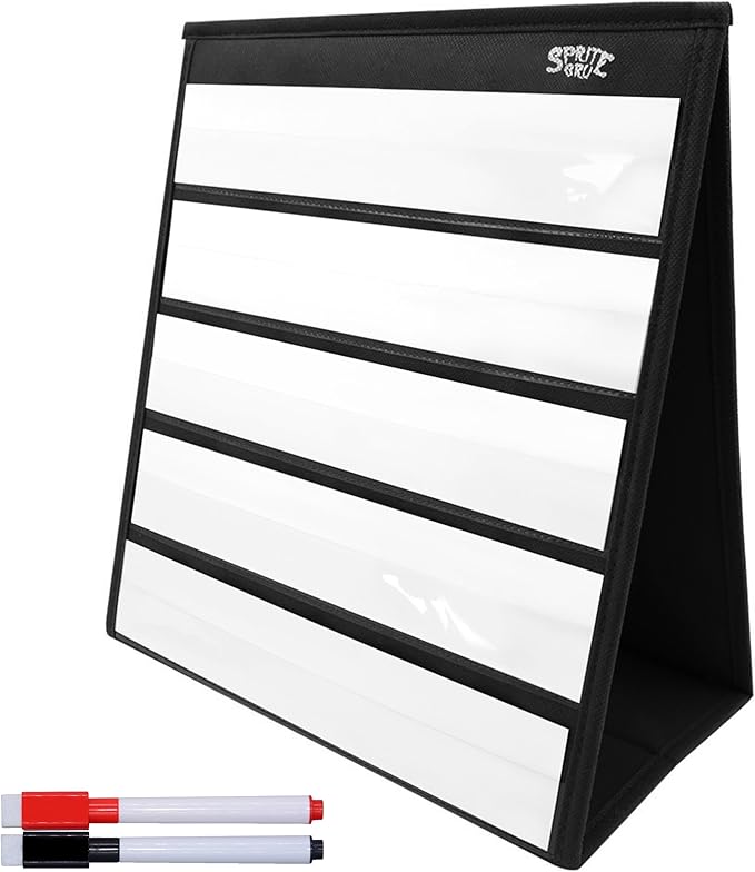 Black Tabletop Desktop Pocket Chart with Bonus 20X Dry Erase Cards. Double Sided and Self-Standing (13” X 12”) by SpriteGru