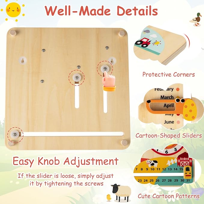 Costzon Montessori Kids Daily Learning Clock Toy, Wooden Educational Learning Clock Toy About Season, Weather, Day, Night, Month, Week & Date, Toddlers Daily Calendar for Preschool Boys Girls Aged 3+ - Image 4