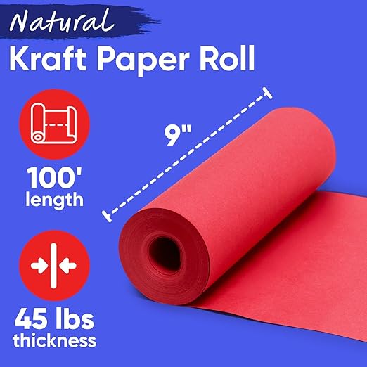 9" x 1200" USA-Made Red Kraft Paper Roll, 45 Lbs/66 GSM Thickness, American Quality Colored Roll Paper for School, Bulletin Board, Crafts - Odorless, Non-Toxic, Safe for Kids