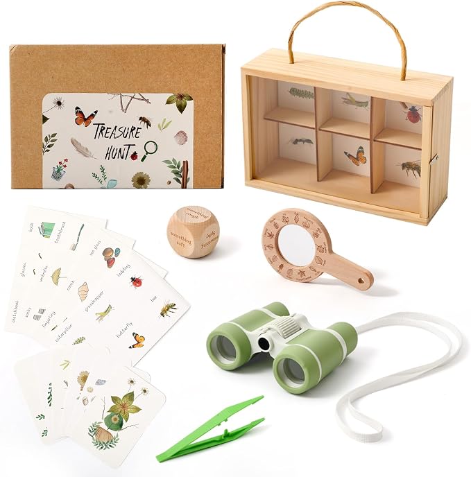 WOODEN TEETHER Kids Scavenger Hunt Play Set, 15pcs Treasure Hunt Kit with Binoculars, 10 Double-Sided Cards & Storage Box Indoor/Outdoor Exploration for Home, Backyard, Park by WOODENTEETHER