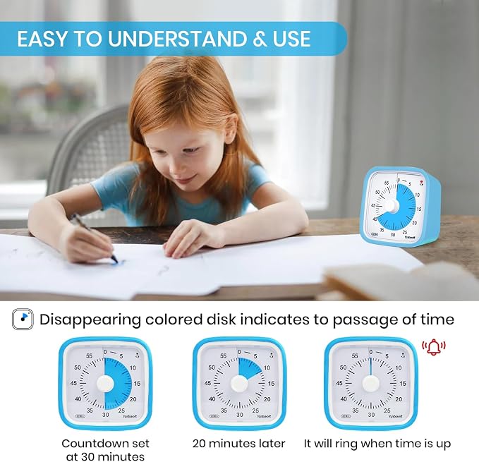 Yunbaoit Visual Timer for Kids, Silent 60-min Countdown Timer, Blue Blue - Image 2