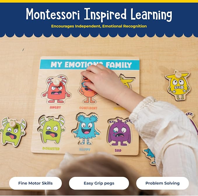 Open The Joy My Emotions Family Peg Puzzle – Emotional Recognition & Social Skills Puzzle for Kids | Montessori-Style Wooden Puzzle with 6 Emotion Pieces | Ages 4+ - Image 5