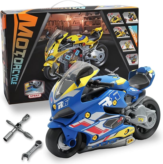 Take Apart Motorcycle Toys Kit, Motorcycle Model Toys for Kids Mechanic,Motorcycles Toy with Light, Sound & Spray for Toddlers 3+ Kids,Interactive Toy Engine Building Kit, Blue
