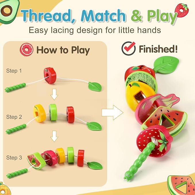 28 Pcs Caterpillar Lacing Toy for Toddlers Fruit Food Threading - Image 2