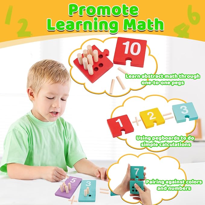 TEUVO Counting Pegs Board Montessori Toys for Kids Aged 3 4 5 6 Years Old, Wooden Early Math and Number Digital Plunger Manipulatives Materials Game for Toddlers Home Kindergarten Daycare Classroom - Image 2
