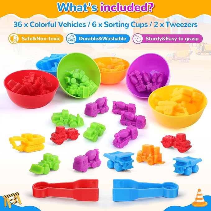 USATDD Counting Construction Vehicles Color Sorting Preschool Learning Matching Games Fine Motor Skills Toys Montessori Classroom Sensory Table Toys for Kids for Toddlers 3 4 5 - Image 3
