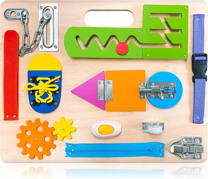 Montessori Busy Board for Toddlers, Wooden Sensory Toys, Preschool Learning Activities for Fine Motor Skills Travel Toy, Basic Life Skills Educational Gifts for 1 2 3 Years Old Kids Boys Girls by ABERLLS