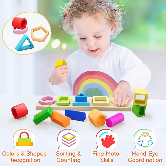 Montessori Toys for 1 2 3 Year Old Boys Girls Toddlers, Peg-Free Wooden Toy - Image 4