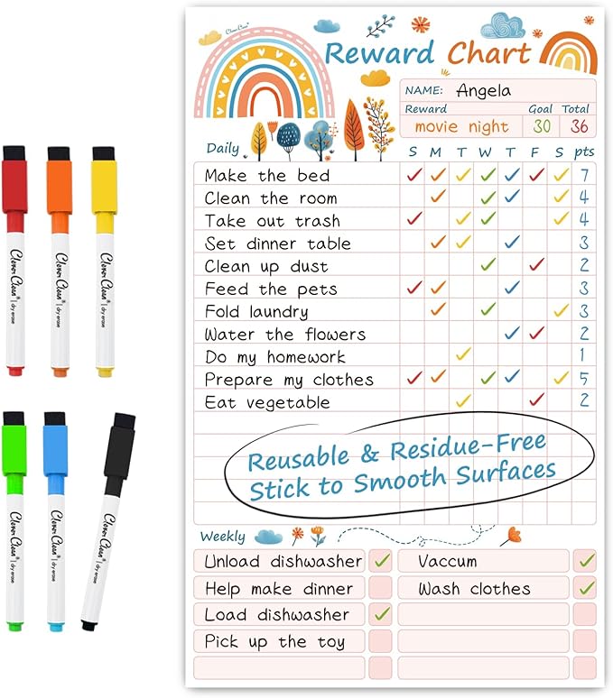 Clever Clean Dry Erase Chore Chart for Kids, Reusable Reward Chart, Non-Magnetic Kids Chore Board Clings to Any Smooth Surfaces, 6 Dry Erase Markers Included (Rainbow) by CleverClean