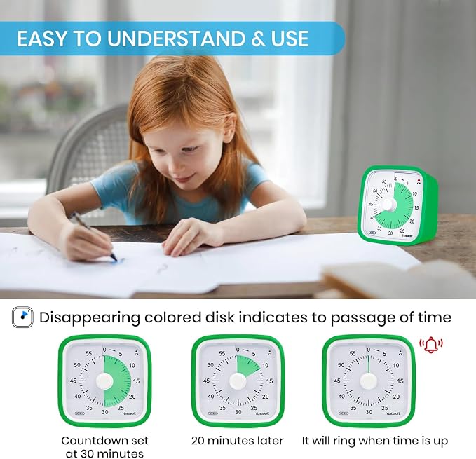 Yunbaoit Visual Timer for Kids, Silent 60-min Countdown Timer, Green Green - Image 2