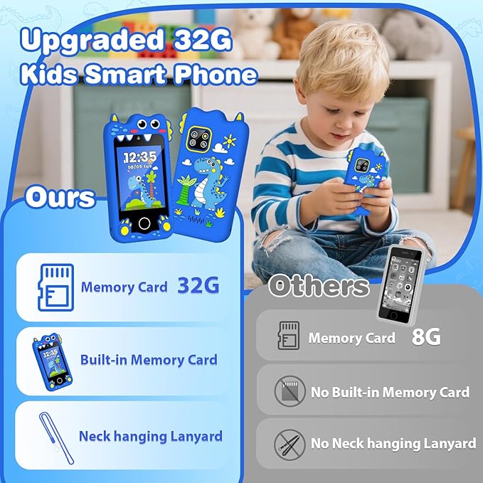 M SANMERSEN Dinosaur Smart Phone for 3 4 5 Year Old Kids, 2.8" Touchscreen Toddler Phone Toy, Dual Camera 28 Learning Games, MP3 Music Player, Built-in 32G SD Card