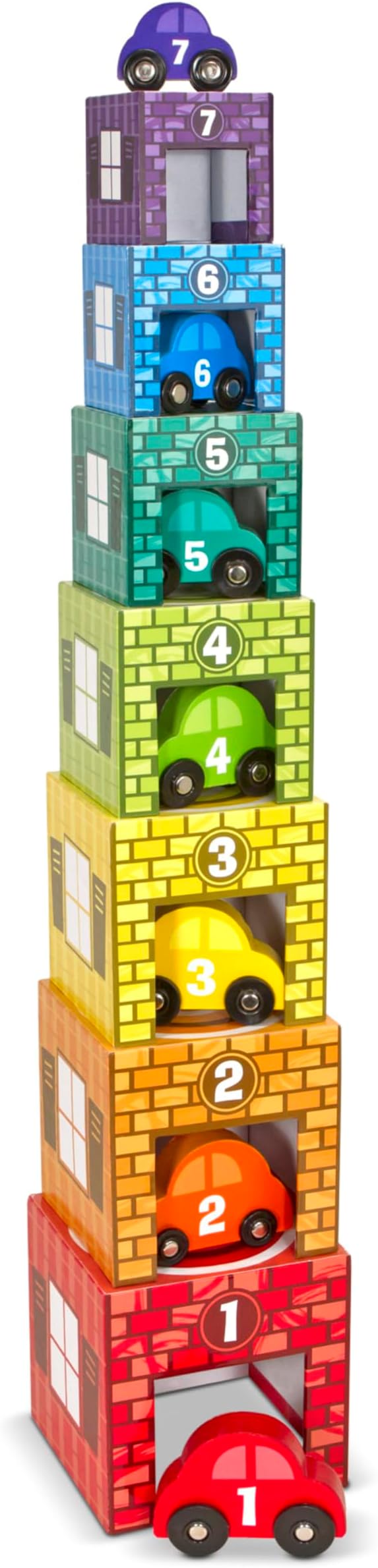 Melissa & Doug Nesting and Sorting Garages and Cars with 7 Graduated Garages and 7 Stackable Wooden Cars - FSC Certified - Image 4