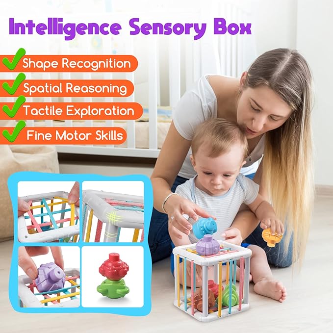 Montessori Baby Toys - Pull String Teether, Stacking Blocks, Sensory Shapes Storage Bin, Infant Bath Time Fun, 4 in 1 Toddlers Toy for Baby Boys Girls