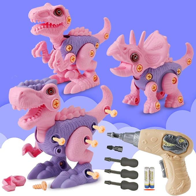 FREE TO FLY Girls Toys Take Apart Dinosaur: Pink Dinosaur Play Set for Kids 3-5 5-7, Stem Learning Educational Montessori for 3 4 5 6 7 8 Year Old Girls Toddlers Autism Sensory Xmas Birthday Gifts by FREETOFLY
