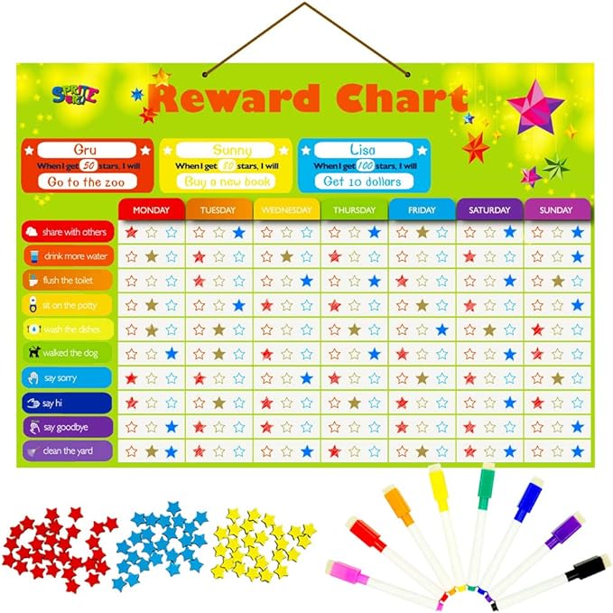 Magnetic Reward Behavior Star Chore Chart for One or Multiple Kids, Includes 8 Markers + 60 Foam Backing Illustrated Chores + 300 Stars in Red, Yellow, Blue. X- Large 17X12 inch. Hanging Loop READY! by SpriteGru