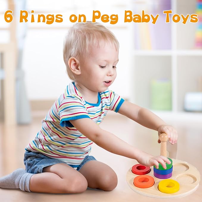 Adena Montessori Wooden 6 Rings on Peg Stacking and Sorting Ring, Wooden Rainbow Stacking Rings Baby Toy, Stacker Toys for Infants and Toddlers, Wood Educational Developmental Toy Multicolor