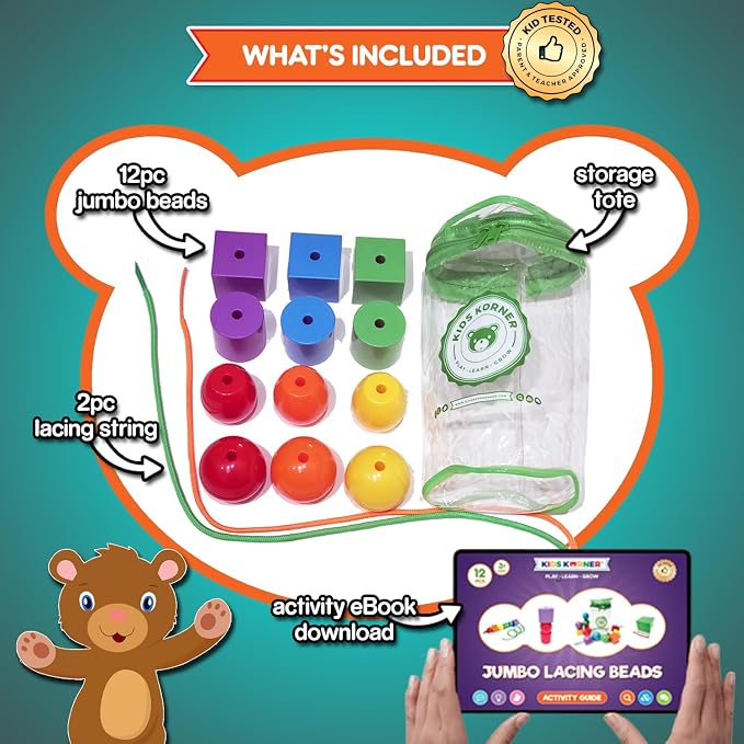 Lace & Let Go Rainbow Beads - Match, Sort, Count, Stack & Play 12pc + eBook - Image 2