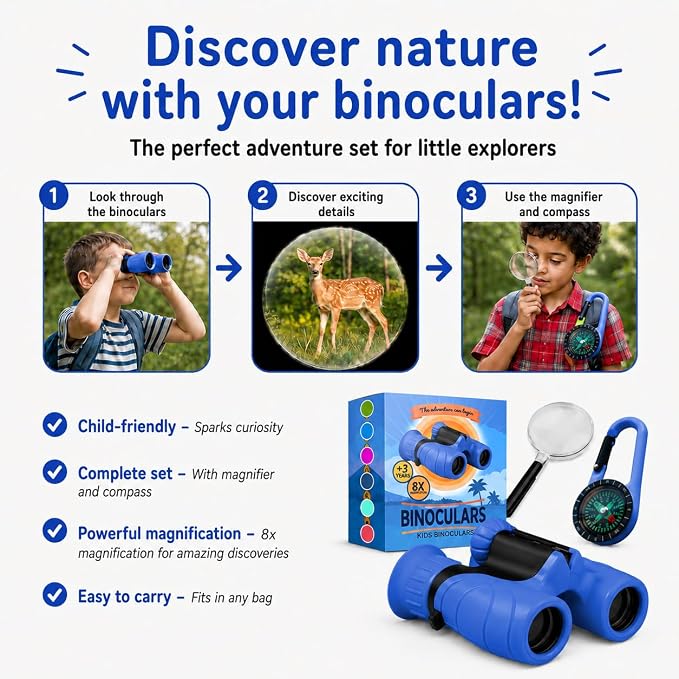 Binoculars for Kids – Perfect Toy for Little Boys and Girls – Extensive Set Incl. Magnifying Glass & Compass – Powerful Magnification 8X21 – 3 to 12 Year Old Kids for Toddler - Image 5
