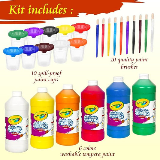 Kids Painting Set, Washable Paint for Kids with Painting Cups, Tempera Paint Set with Toddler Paintbrushes, Classroom Paints 16 oz Each Toddler Bulk Paints Supplies