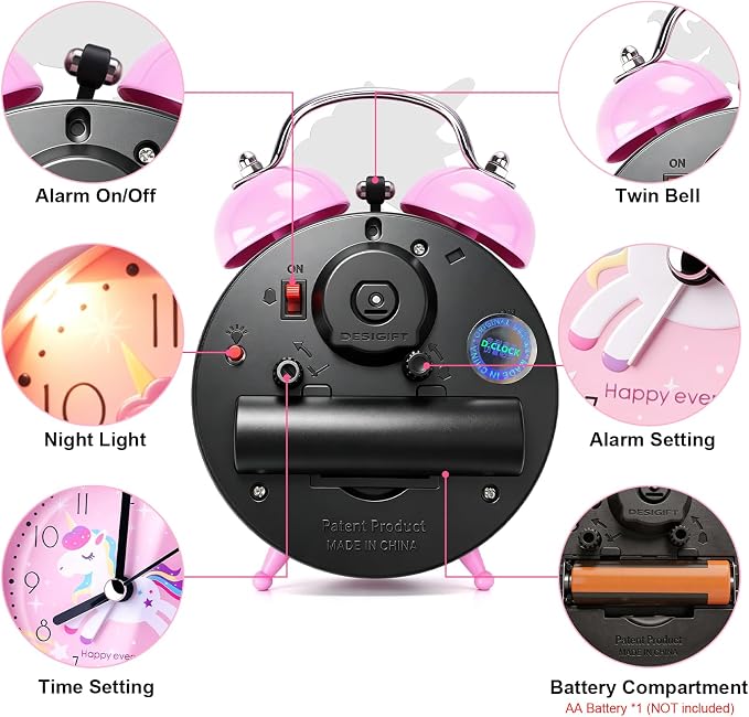 TCJJ Unicorn Alarm Clock for Girls Kids, Cute Bedroom Decoration, Non Ticking Silent Second Hand, w/Backlight Super Loud Twin Bell, for Kids Unicorn Gifts (Pink) - Image 4
