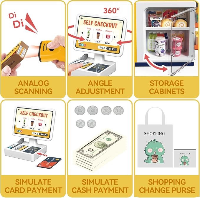 Kids Cash Register Playset - 48PCS Play Money, Calculator, Scanner,Ages 3+ - Image 4