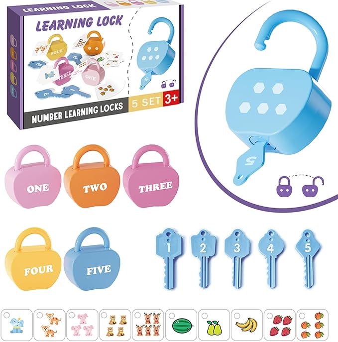 GEERAY Cause and Effect Toys for Toddlers 3+, Montessori Lock & Key Set with 5 Apple-Shaped Locks, Keys & 10 Cards – Learn Numbers, Colors & Motor Skills STEM Toy Gift for Home & Classroom - Image 8