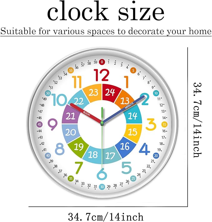 XFM Learning Clock for Kids Silent Colorful Teaching Time Clock 14 Inch - Image 7
