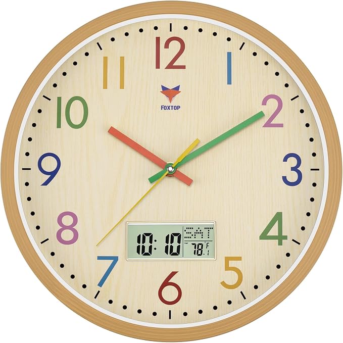 Foxtop Digital and Analog Kids Wall Clock 12 Inch Silent Non-Ticking Battery Operated Kids Clock for Kids Room Playroom Nursery Classroom School by Foxtop