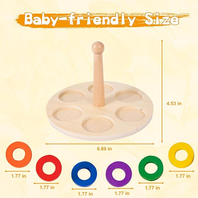 Adena Montessori Wooden 6 Rings on Peg Stacking and Sorting Ring, Wooden Rainbow Stacking Rings Baby Toy, Stacker Toys for Infants and Toddlers, Wood Educational Developmental Toy Multicolor