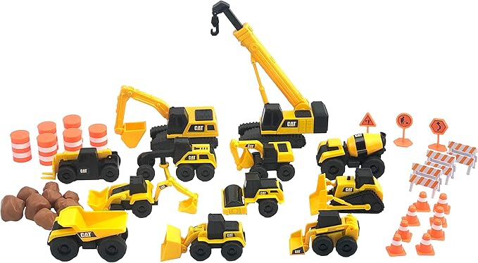 CAT Construction Toys, Little Machines Mega Set – 40+ Pieces with XL Crane & Excavator, 10 Mini Vehicles, Road Signs, Cones, Boulders & Barricades, Indoor/Outdoor STEM Toy for Kids Ages 3 + by Unknown