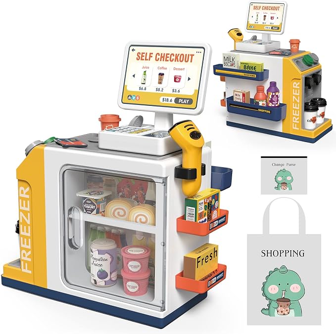 Kids Cash Register Playset - 48PCS Play Money, Calculator, Scanner,Ages 3+ by POFJOEQ