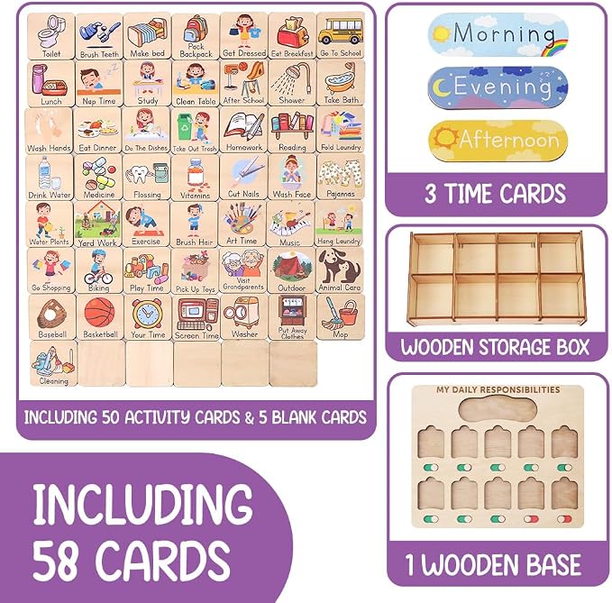 Wooden Chore Chart for Kids Visual Schedule, Routine Chart for Kids, Morning Bedtime Routine Chart for Toddlers Ages 2-4, Daily Kids Schedule Board for Home (02) - Image 5