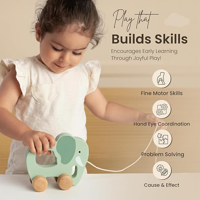 ELLIANI Montessori Toys for 1 Year Old - 3-in-1 Wooden Toy Set with Stacking Toy, Pull Toy, Bead Maze, Educational Gift for Toddlers Age 1-3