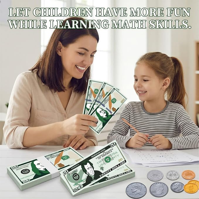 600 Pcs Fake Money for Kids - Realistic Play Money Bills & Plastic Coins - Math Manipulatives & Classroom Currency Set for Grocery Store, Bank, & Board Games - Educational Counting Toy, Ages 3+ - Image 4