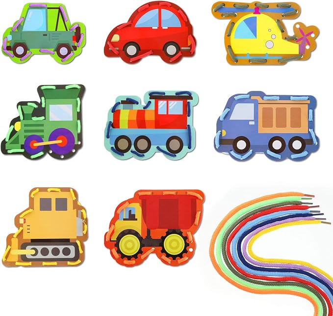 Zonon 8 Pieces Kids Lacing Cards Sewing Cards in 8 Patterns Lacing Games for Developing Imagination Education Supplies Children Sewing Game Favors (Transportation Style) by Zonon
